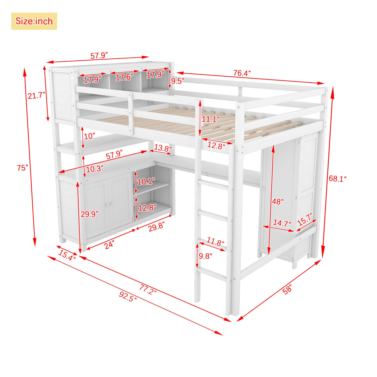 Wood Loft Bed with Cabinet and Bookshelf, Full Size Loft with Wardrobe and Desk for Kids,White - B&B Forest Products