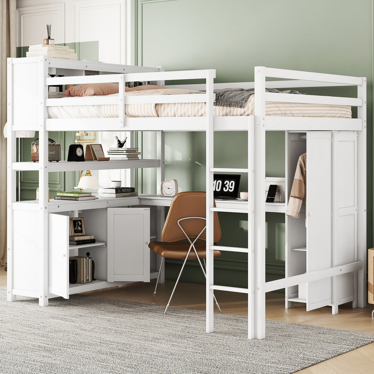 Wood Loft Bed with Cabinet and Bookshelf, Full Size Loft with Wardrobe and Desk for Kids,White - B&B Forest Products
