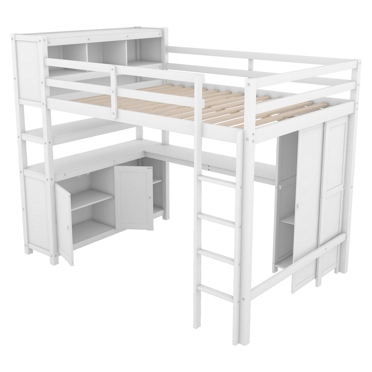 Wood Loft Bed with Cabinet and Bookshelf, Full Size Loft with Wardrobe and Desk for Kids,White - B&B Forest Products