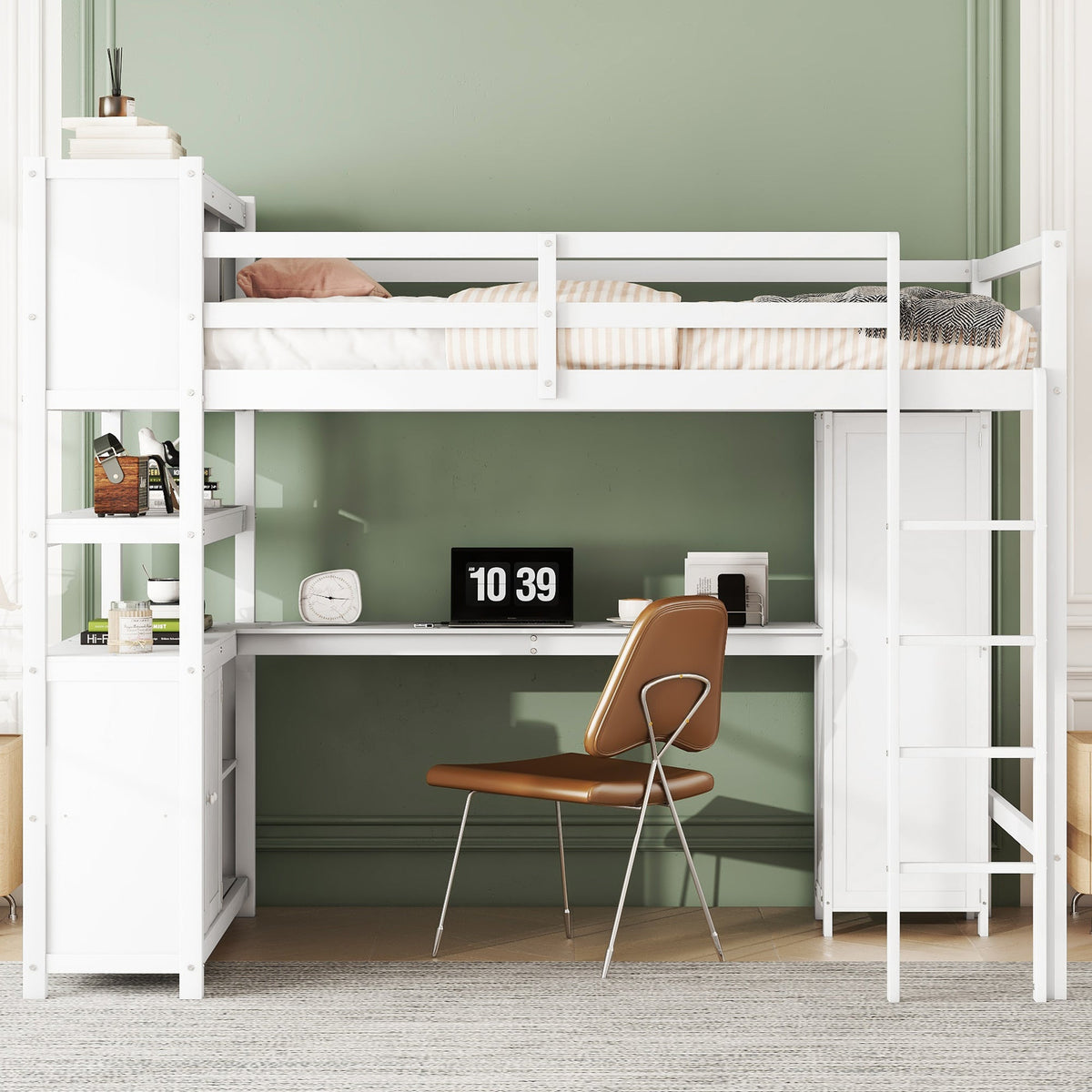 Wood Loft Bed with Cabinet and Bookshelf, Full Size Loft with Wardrobe and Desk for Kids,White - B&B Forest Products