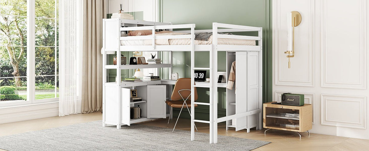Wood Loft Bed with Cabinet and Bookshelf, Full Size Loft with Wardrobe and Desk for Kids,White - B&B Forest Products
