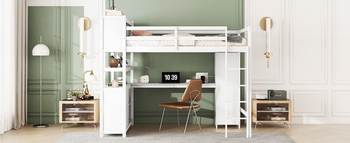 Wood Loft Bed with Cabinet and Bookshelf, Full Size Loft with Wardrobe and Desk for Kids,White - B&B Forest Products