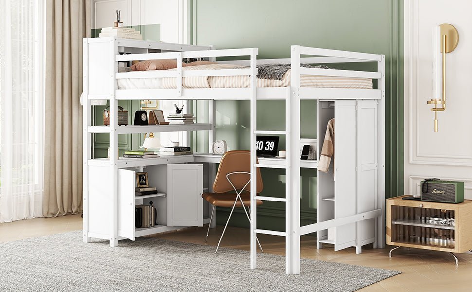 Wood Loft Bed with Cabinet and Bookshelf, Full Size Loft with Wardrobe and Desk for Kids,White - B&B Forest Products