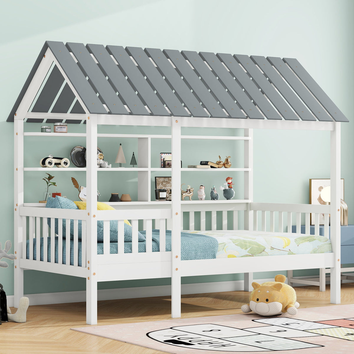 Wood Twin Size House Bed with Roof, Guardrail and Shelves, White - B&B Forest Products