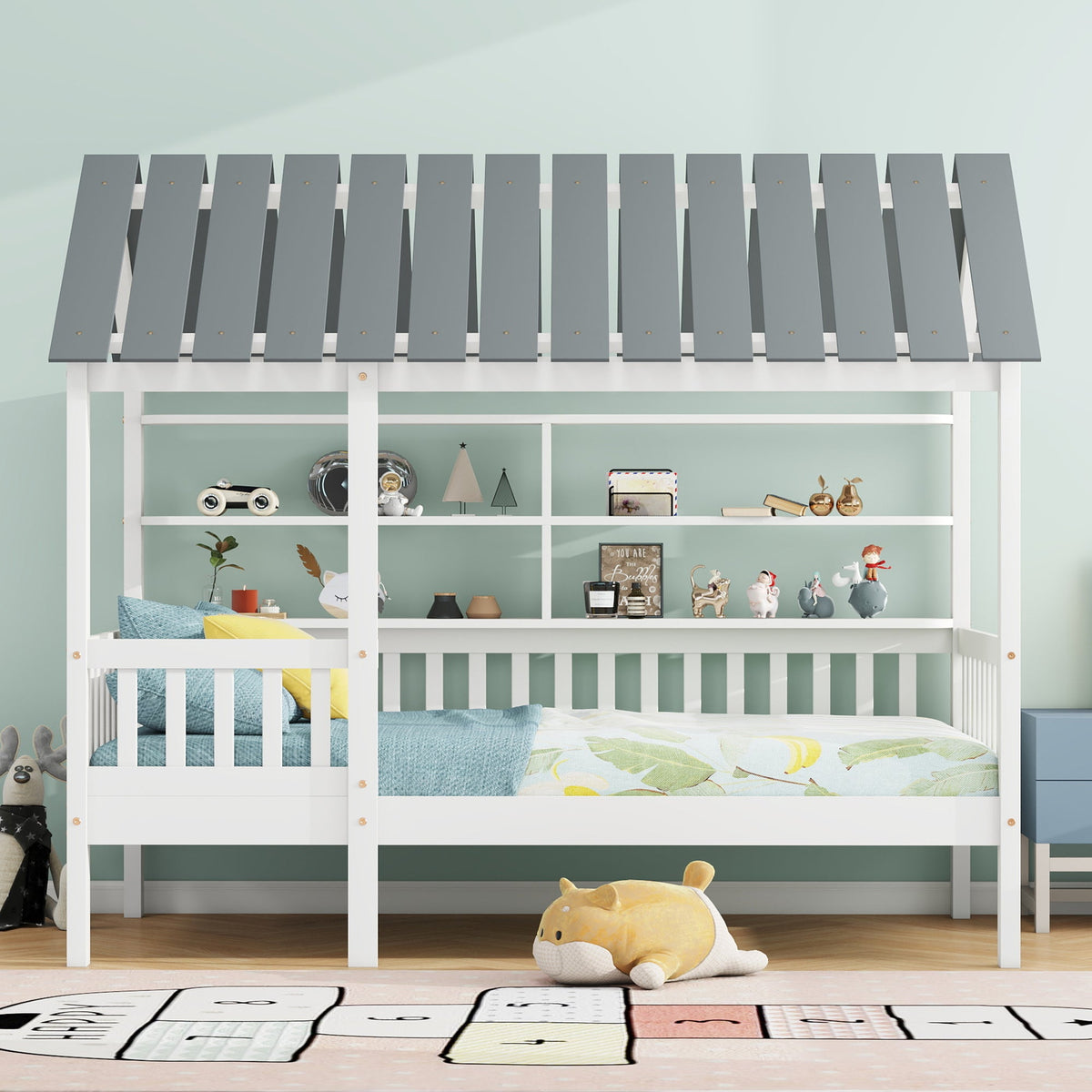 Wood Twin Size House Bed with Roof, Guardrail and Shelves, White - B&B Forest Products