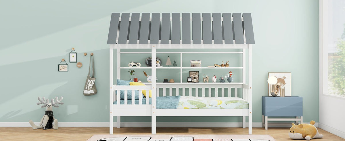 Wood Twin Size House Bed with Roof, Guardrail and Shelves, White - B&B Forest Products