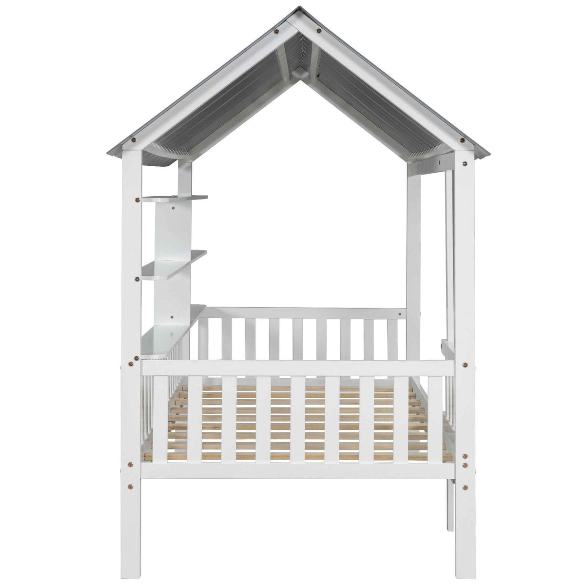 Wood Twin Size House Bed with Roof, Guardrail and Shelves, White - B&B Forest Products
