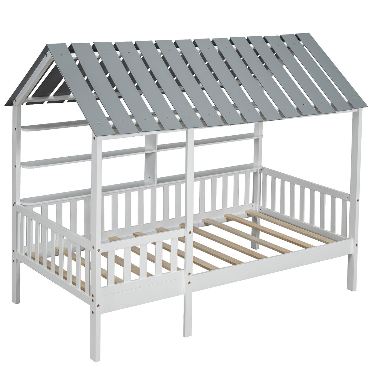 Wood Twin Size House Bed with Roof, Guardrail and Shelves, White - B&B Forest Products