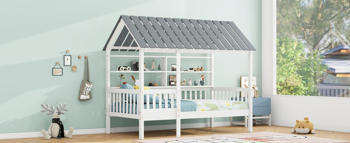 Wood Twin Size House Bed with Roof, Guardrail and Shelves, White - B&B Forest Products