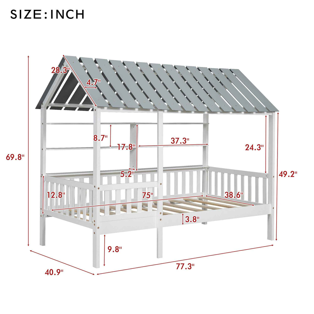 Wood Twin Size House Bed with Roof, Guardrail and Shelves, White - B&B Forest Products