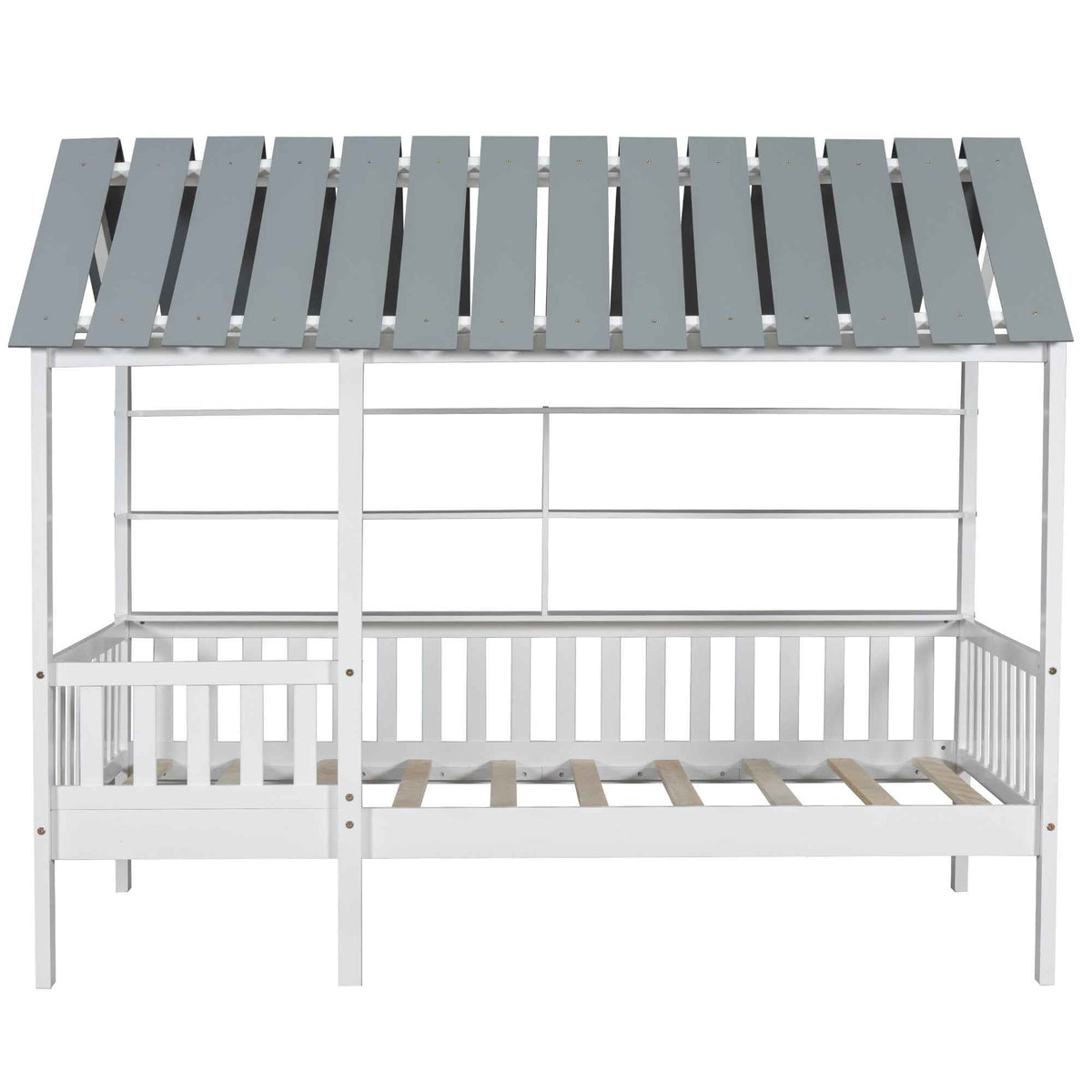 Wood Twin Size House Bed with Roof, Guardrail and Shelves, White - B&B Forest Products