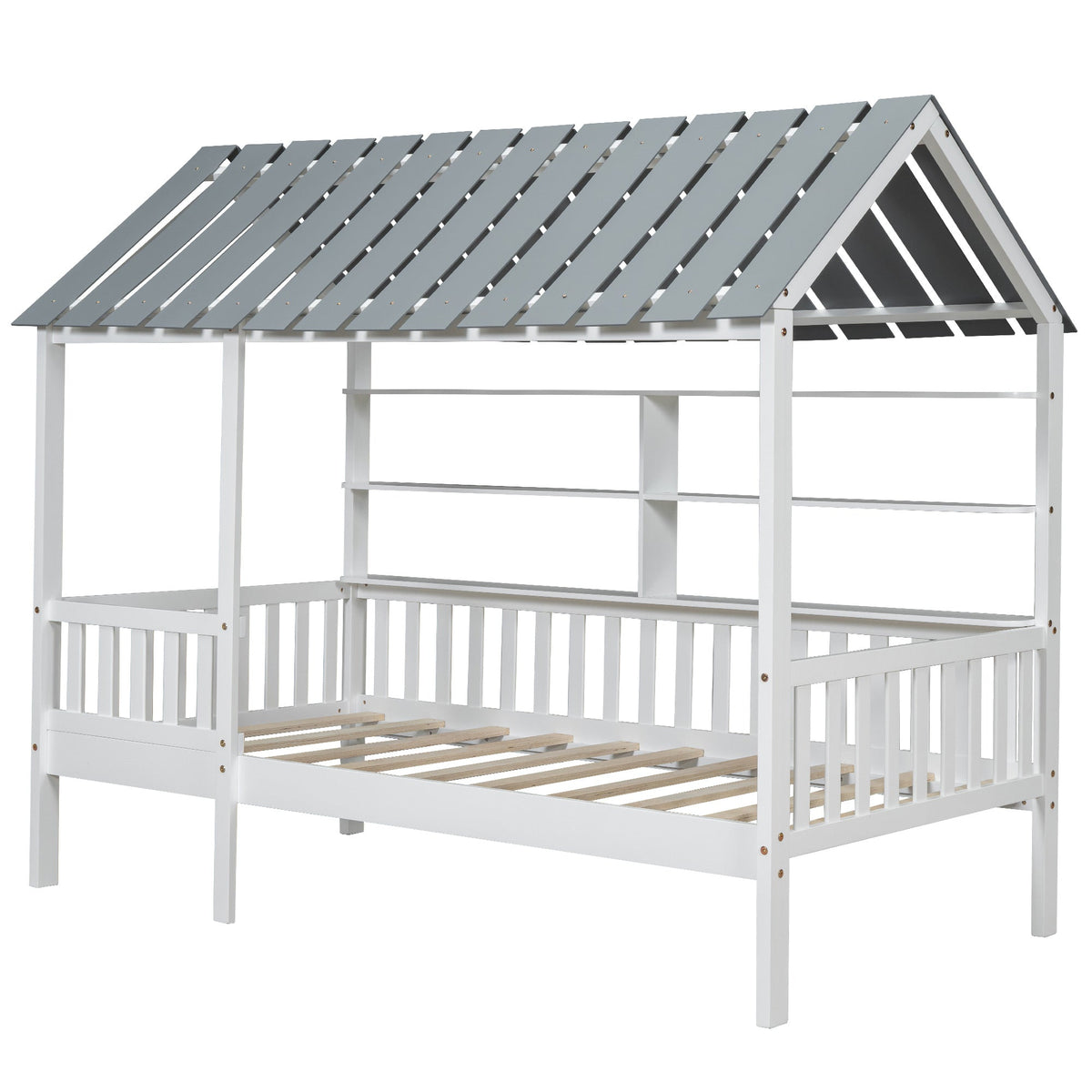 Wood Twin Size House Bed with Roof, Guardrail and Shelves, White - B&B Forest Products