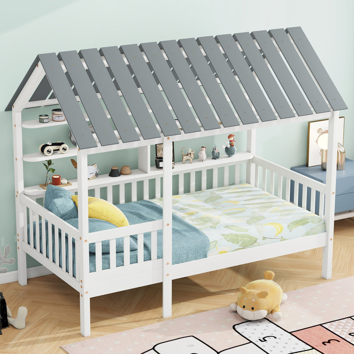 Wood Twin Size House Bed with Roof, Guardrail and Shelves, White - B&B Forest Products