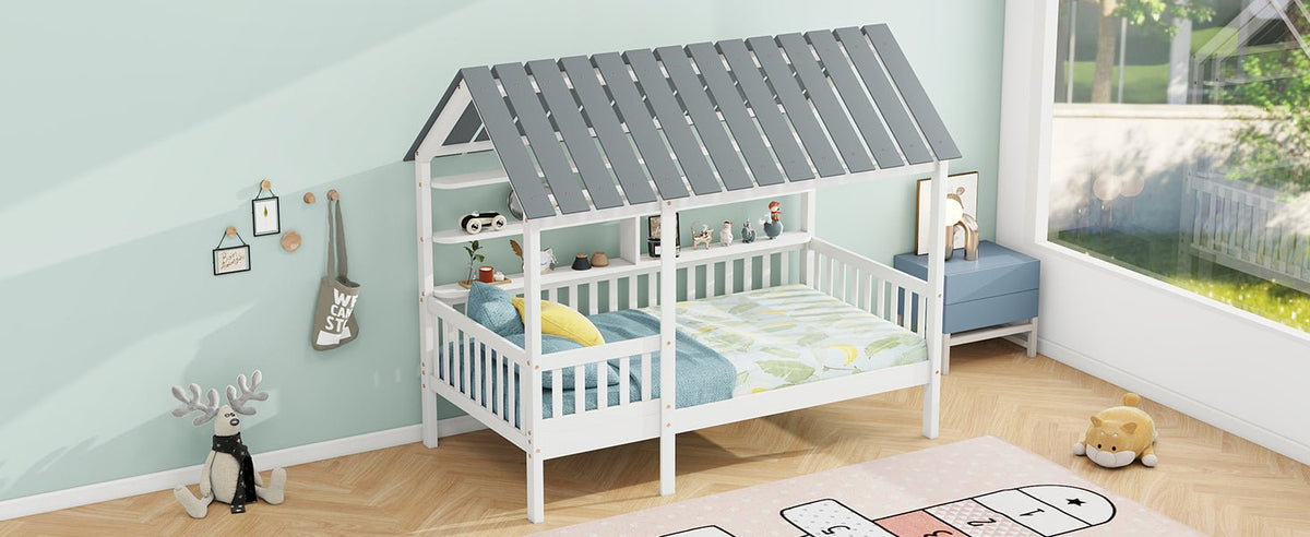 Wood Twin Size House Bed with Roof, Guardrail and Shelves, White - B&B Forest Products