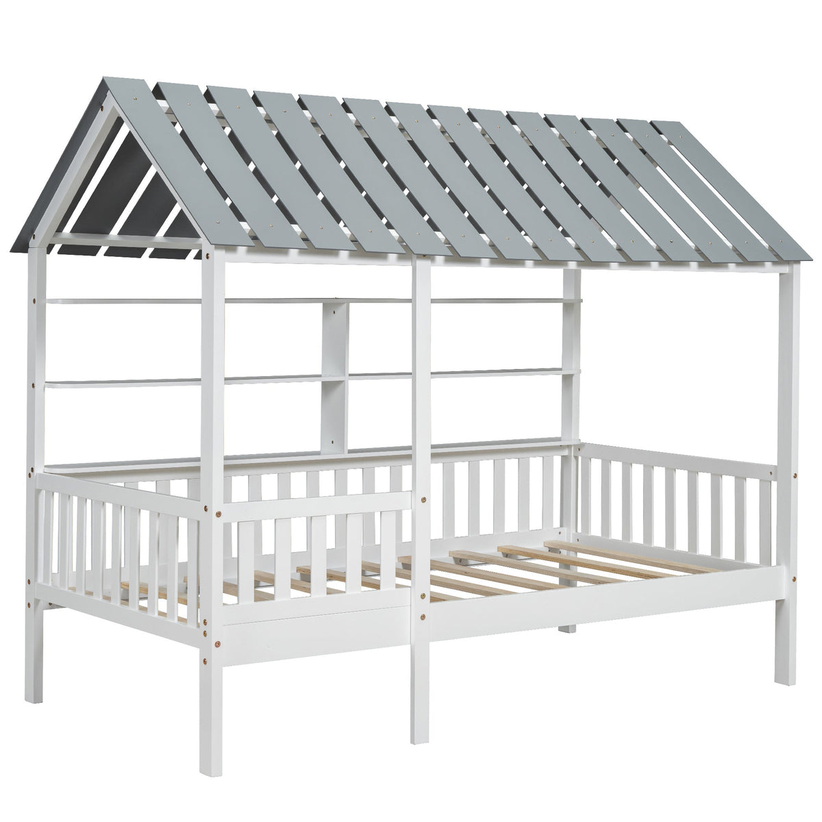 Wood Twin Size House Bed with Roof, Guardrail and Shelves, White - B&B Forest Products