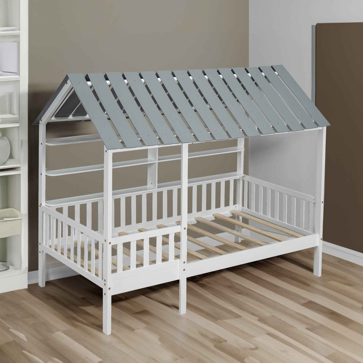 Wood Twin Size House Bed with Roof, Guardrail and Shelves, White - B&B Forest Products