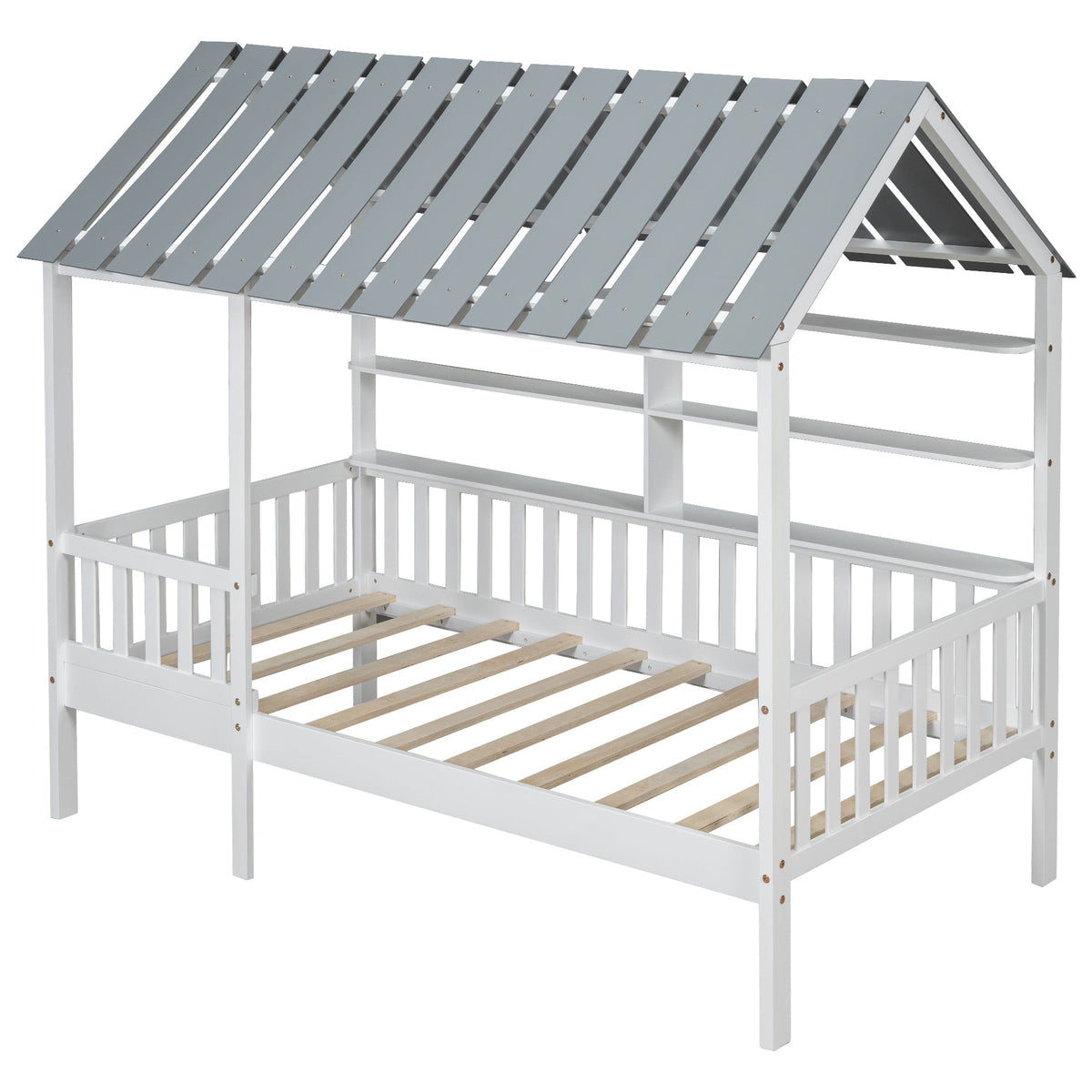 Wood Twin Size House Bed with Roof, Guardrail and Shelves, White - B&B Forest Products