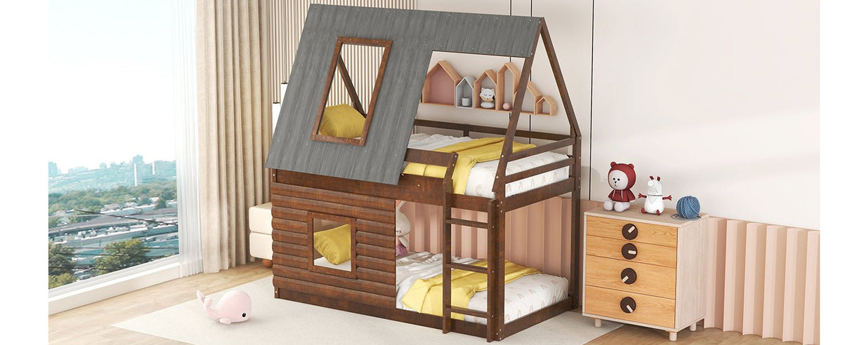 Wood Twin Size House Bunk Bed with Roof, Ladder and 2 Windows, Oak & Smoky Grey - B&B Forest Products