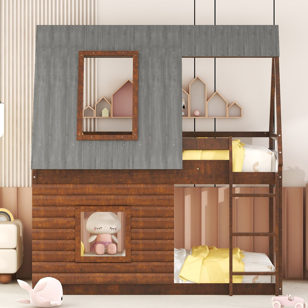 Wood Twin Size House Bunk Bed with Roof, Ladder and 2 Windows, Oak & Smoky Grey - B&B Forest Products