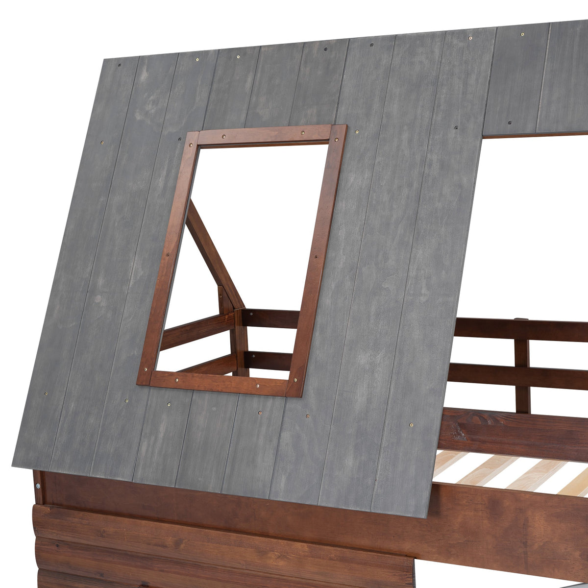 Wood Twin Size House Bunk Bed with Roof, Ladder and 2 Windows, Oak & Smoky Grey - B&B Forest Products