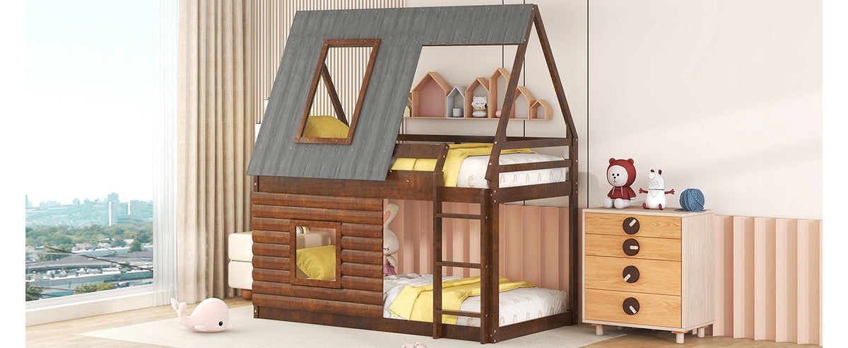 Wood Twin Size House Bunk Bed with Roof, Ladder and 2 Windows, Oak & Smoky Grey - B&B Forest Products
