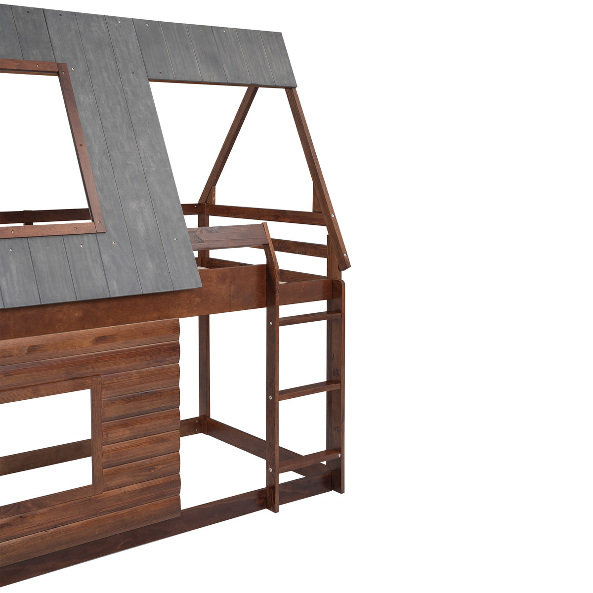 Wood Twin Size House Bunk Bed with Roof, Ladder and 2 Windows, Oak & Smoky Grey - B&B Forest Products