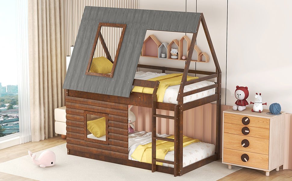Wood Twin Size House Bunk Bed with Roof, Ladder and 2 Windows, Oak & Smoky Grey - B&B Forest Products