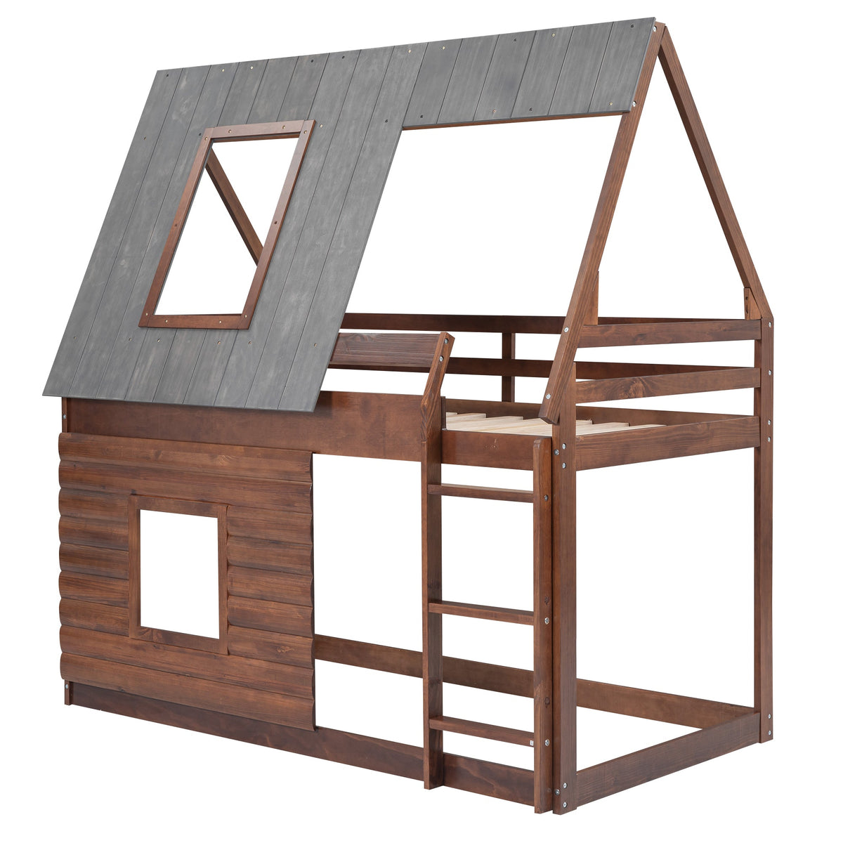 Wood Twin Size House Bunk Bed with Roof, Ladder and 2 Windows, Oak & Smoky Grey - B&B Forest Products