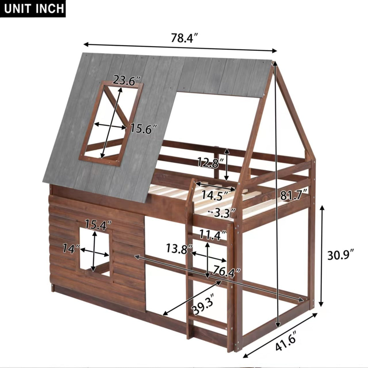 Wood Twin Size House Bunk Bed with Roof, Ladder and 2 Windows, Oak & Smoky Grey - B&B Forest Products